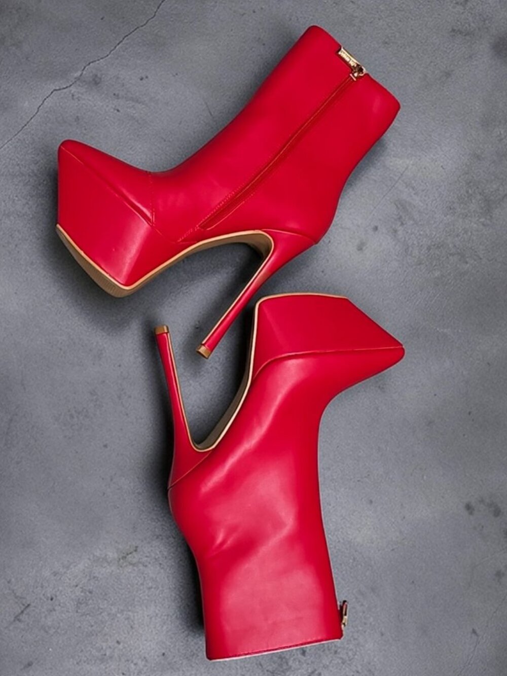 Red Platform High-Heel Ankle Boots With Pointed Toes & Side Zippers For Women